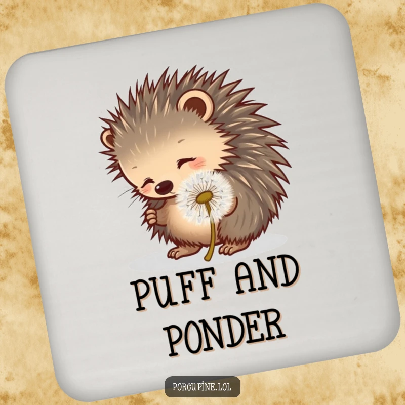 Funny porcupine coaster featuring a porcupine playfully poking a rolling dandelion puff, adding playful humor to drink protection.
