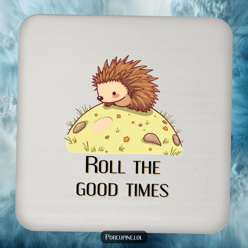 Funny drink coaster illustration of a porcupine rolling down a hill, adding a humorous and protective element to your table.