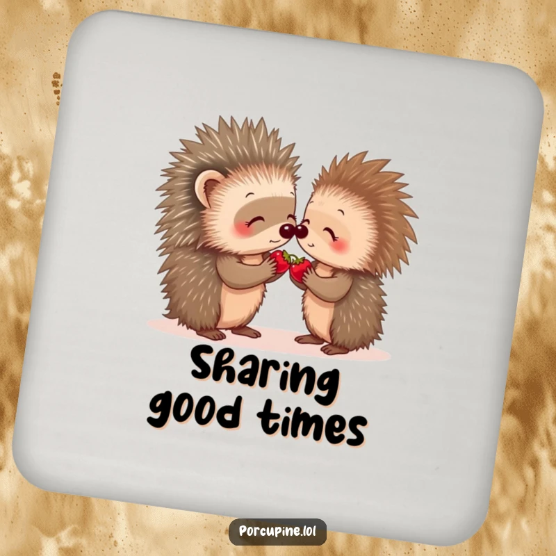 Funny porcupine berry share coasters featuring two porcupines sharing a tiny berry, protecting furniture with sweet kindness.