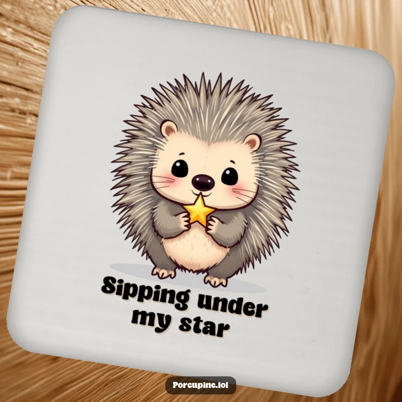 Funny Porcupine Coaster: A protective coaster featuring a porcupine balancing a tiny, shimmering star on its nose with hilarious focus, stylish and humorous.