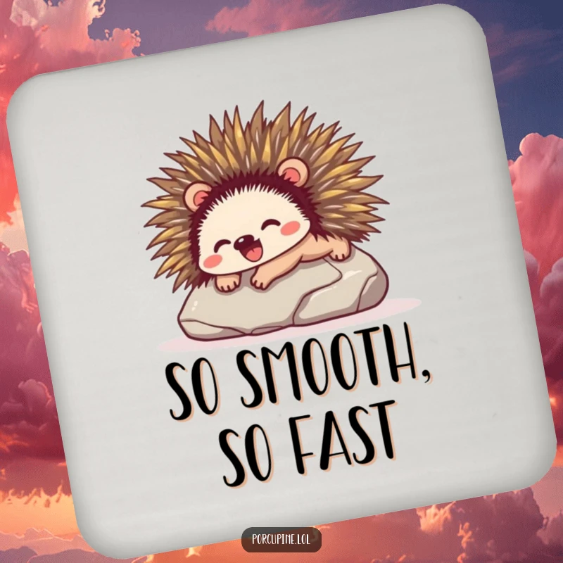 Funny drink coaster showcasing a porcupine sliding down a smooth stone with pure glee, adding a humorous touch to your table.