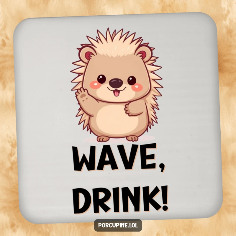Funny drink coaster featuring a cheerful kawaii porcupine waving its paw, a friendly and humorous accessory.