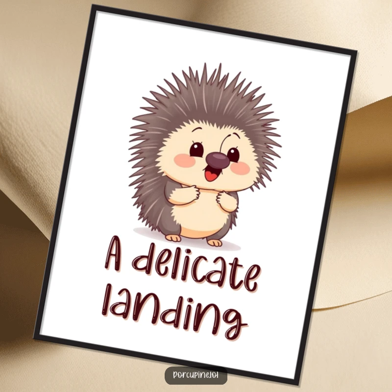 Funny poster art depicting a porcupine with a comically surprised expression as a butterfly lands on its nose, full of charm.