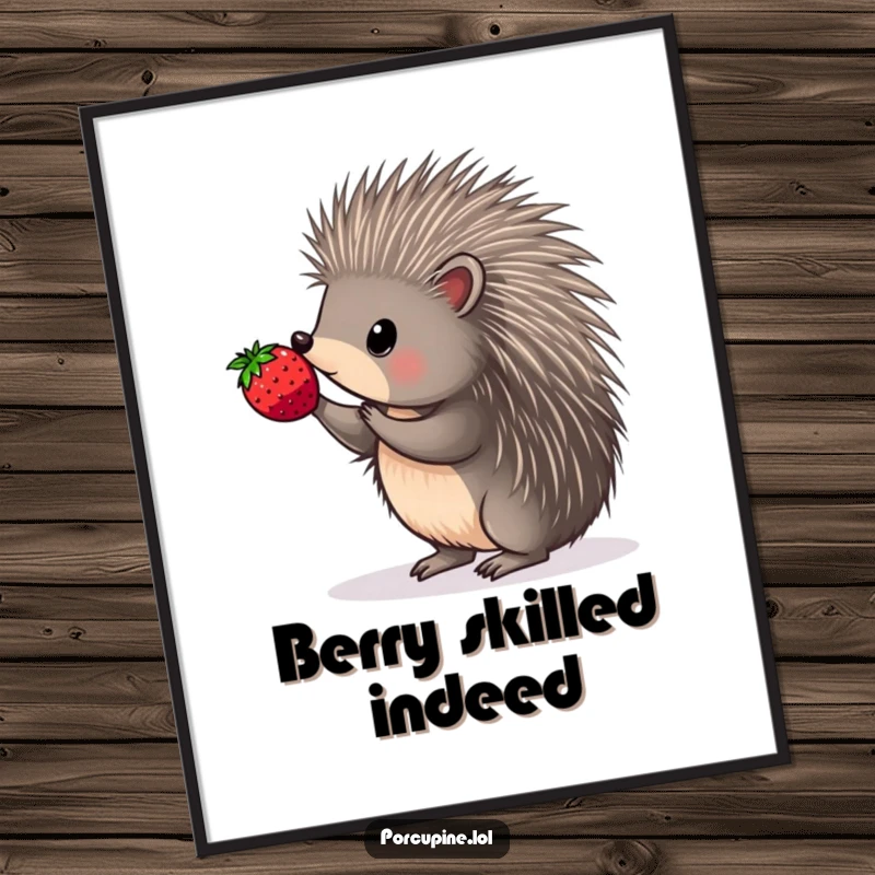 Funny poster artwork of a porcupine demonstrating amazing dexterity, balancing a berry on the sharp point of a quill.