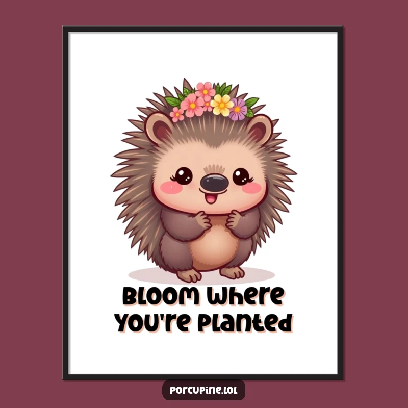 Funny Kawaii Porcupine Flower Crown Poster: Adorable Art for a Pleased and Pretty Space