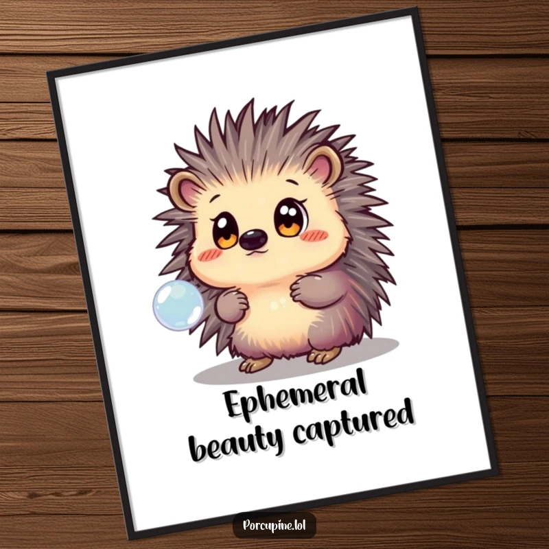 Funny Poster depicting a porcupine with large, curious eyes, mesmerized by a shimmering, translucent bubble floating delicately before it.