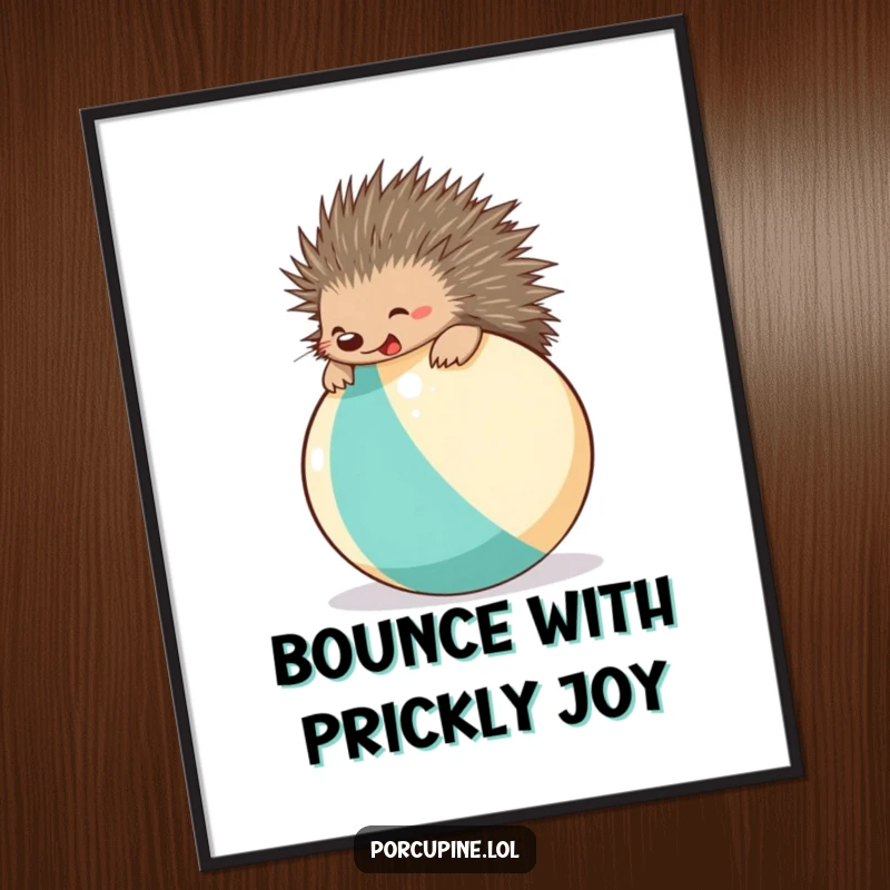 Funny beach ball porcupine poster showcasing a delighted porcupine joyfully leaping on a beach ball, bringing vibrant energy to any wall.
