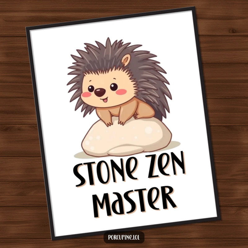 Funny poster of a content kawaii porcupine sitting on a smooth stone, a design radiating calm and happiness.
