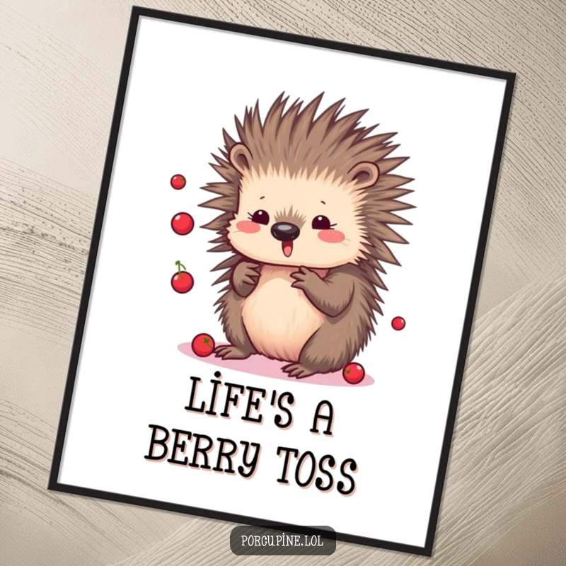 Funny Kawaii Porcupine Poster: Adorable cartoon porcupine juggling small berries, creating a fun and vibrant piece of wall art.