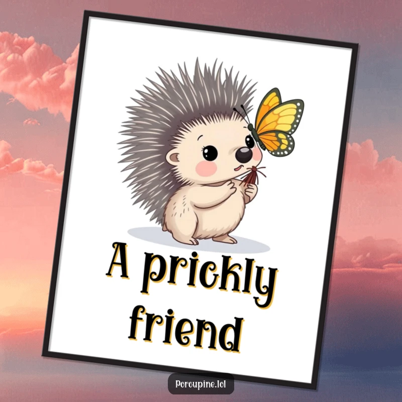 Funny poster artwork of a porcupine looking intrigued as a butterfly delicately lands on its sharp quill.