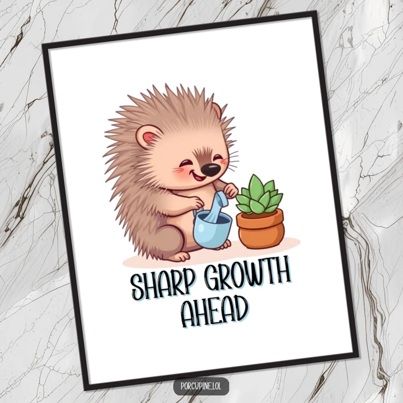 Funny poster print of a porcupine tenderly watering a small succulent, radiating a sense of joy and gentle humor.