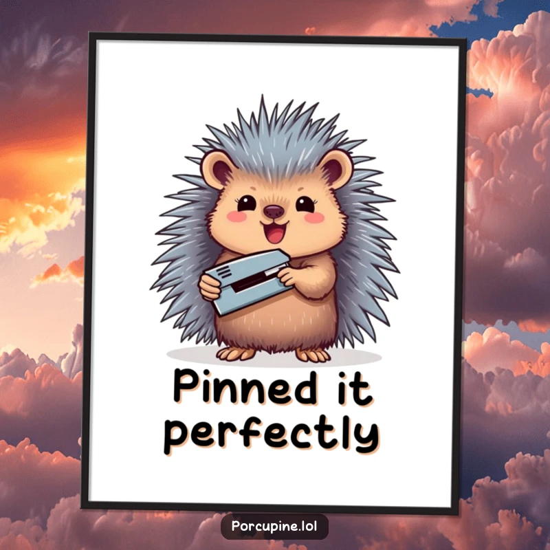 Funny poster art of a porcupine holding a miniature stapler high in victory, conveying a sense of accomplishment.