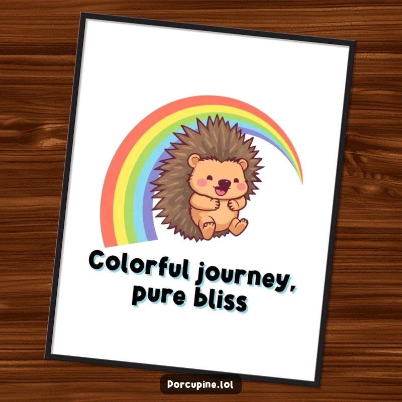 Funny Porcupine Poster: Wall art depicting a porcupine sliding joyfully down a rainbow arc with a whooshing sound, full of comic delight.