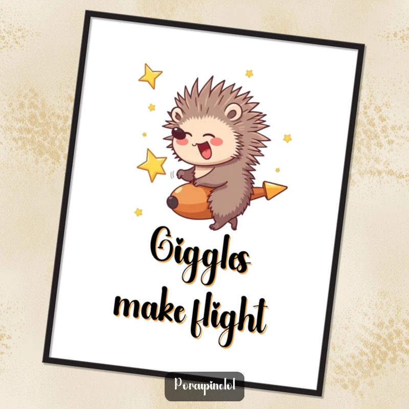Funny Porcupine Poster: A porcupine giggling while riding a shooting star, creating a funny, dynamic, and adventurous visual.