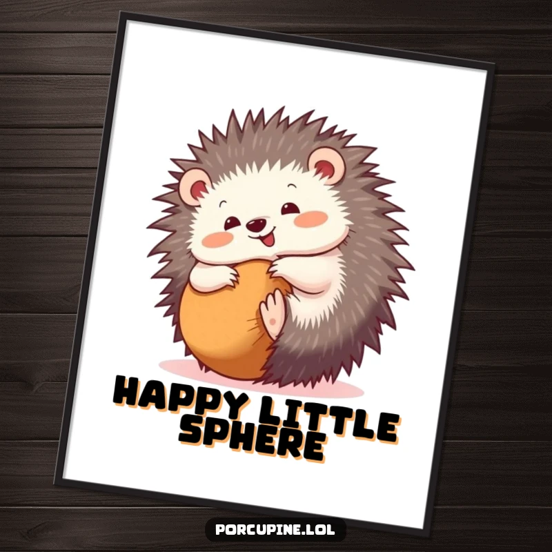 Funny poster depicting a porcupine joyfully rolling into a ball with a happy expression, bringing playful charm to any space.