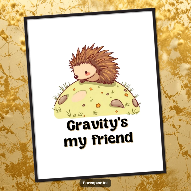 Funny poster print depicting a porcupine's joyful descent down a hill, bringing a touch of playful humor to any wall.
