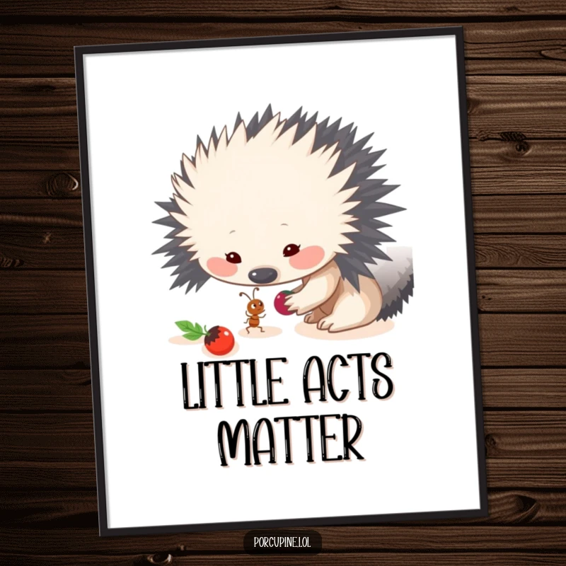 Funny poster art of a porcupine sharing a berry with a small ant, celebrating generosity and interspecies friendship.