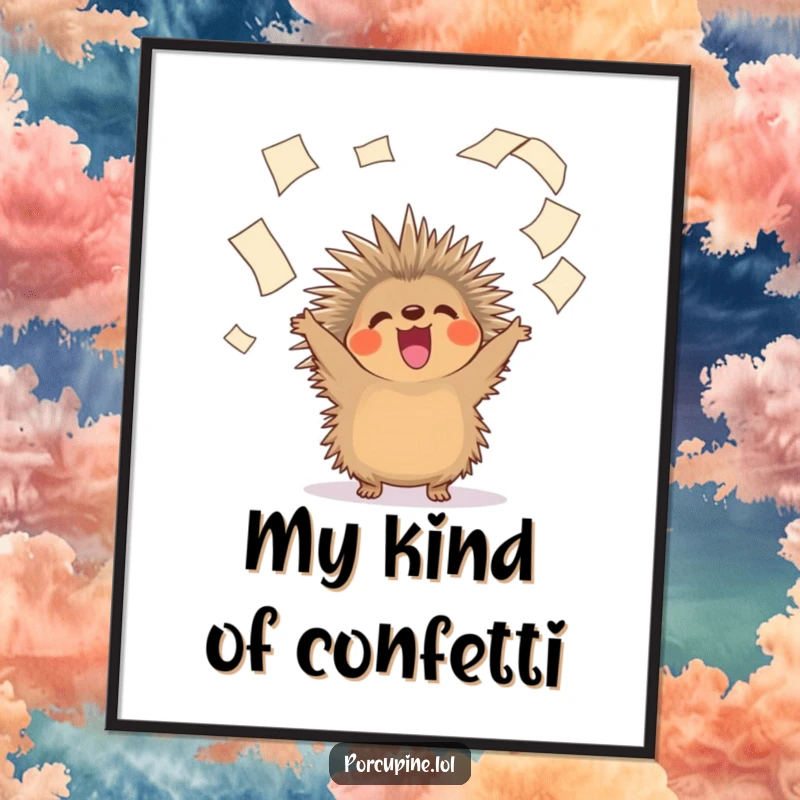 Funny poster art of a jubilant porcupine in mid-air paper toss, adding a splash of playful chaos to decor.