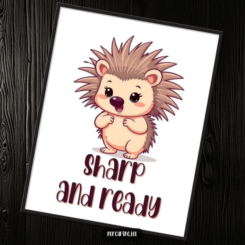 Funny confident porcupine poster featuring a porcupine in a strong, poised stance with slightly spread quills, projecting courage.