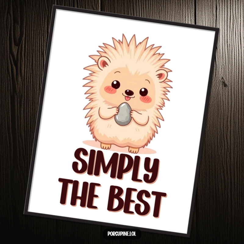 Funny poster showing a happy porcupine proudly offering a single, shiny pebble, symbolizing thoughtful kindness and joy.