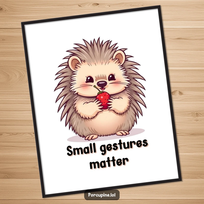 Funny Poster depicting a porcupine with meticulous care, holding a single, juicy berry in its paws, offering it with a tender heart.