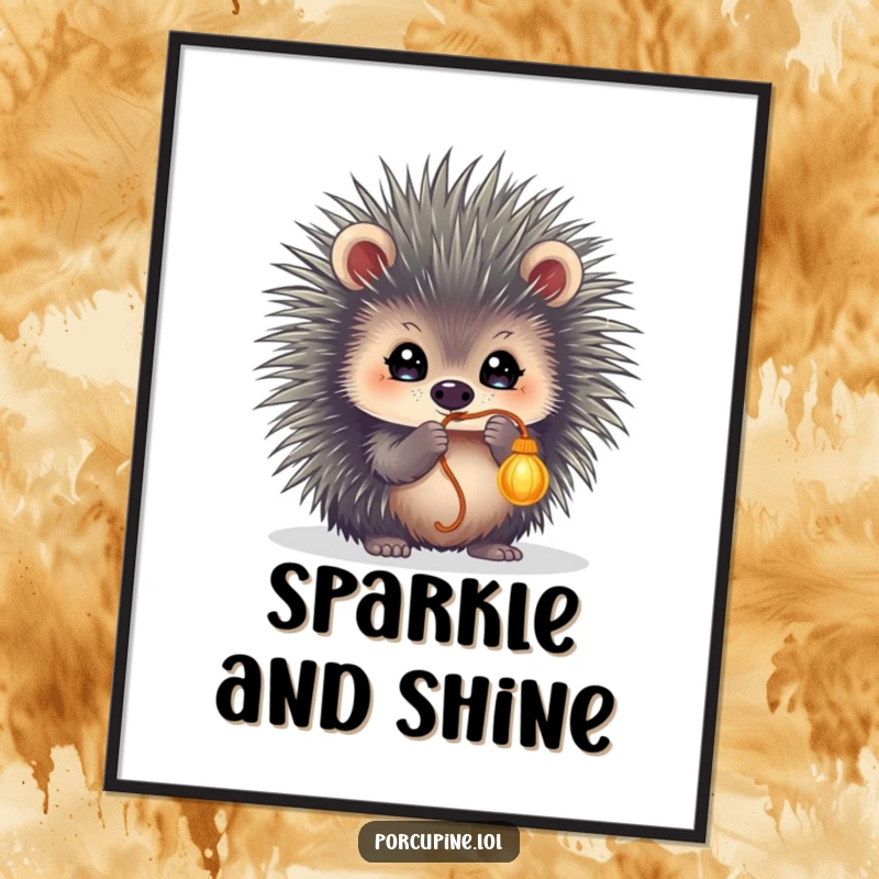Funny poster showing a porcupine with intensely sparkling eyes, playfully batting at a dangling string, capturing animated fun.