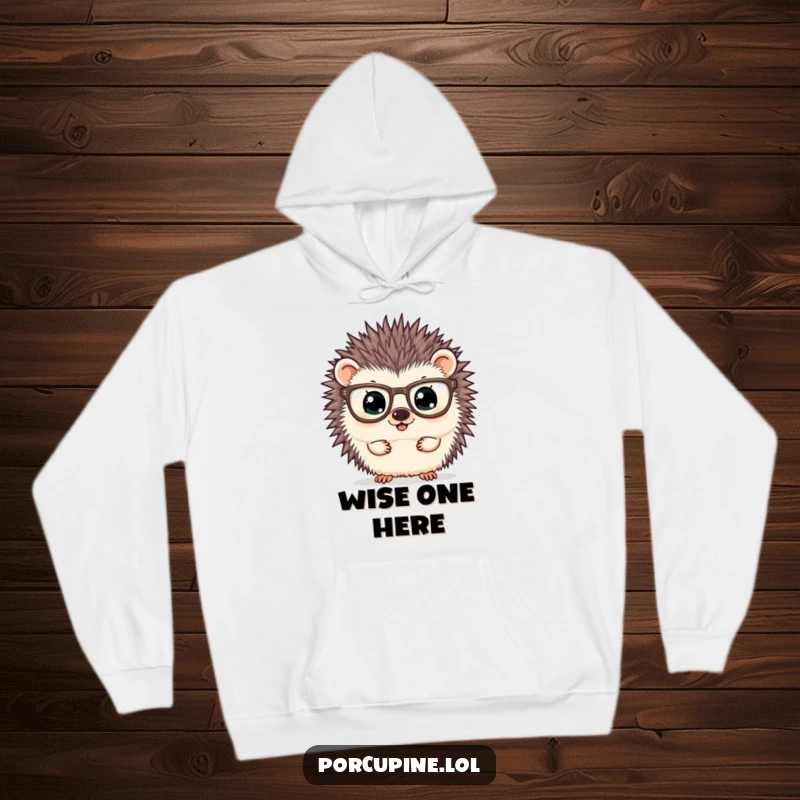 Funny hoodie depicting a porcupine wearing oversized glasses and peering curiously, ideal for cozy moments of thought and learning.