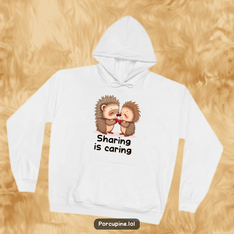 Funny porcupine hoodie showing two porcupines sharing a tiny berry, a sweet depiction of companionship and care.