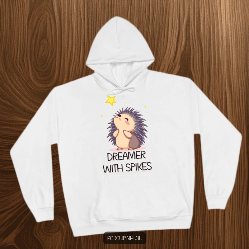 Funny porcupine hoodie showcasing a porcupine looking up at a shining star with wonder, perfect for cozy nights of dreaming.