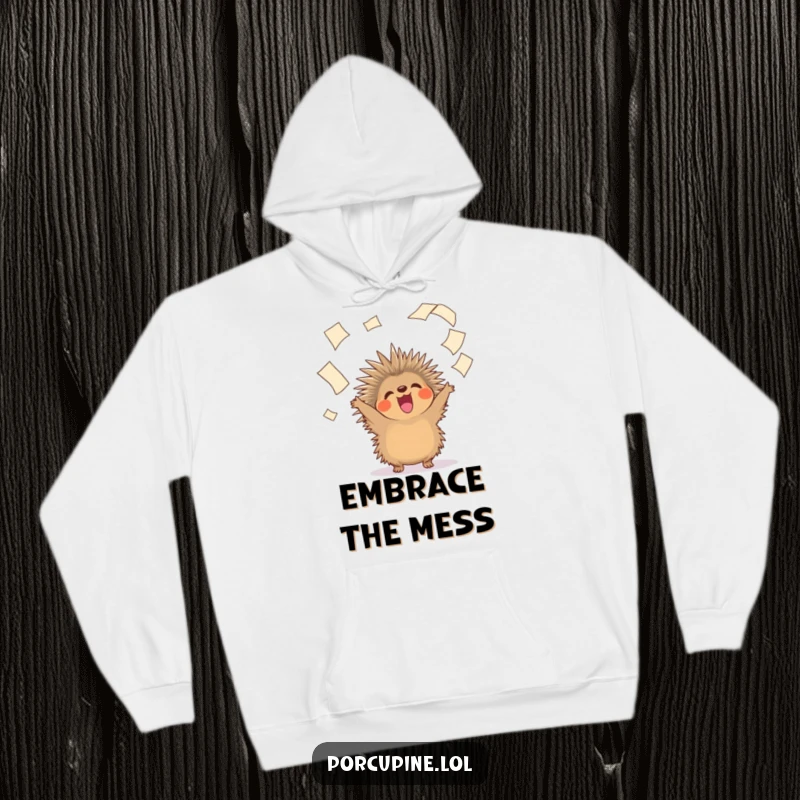 Funny hoodie showcasing a happy porcupine exuberantly launching papers, perfect for a cozy, humorous vibe.