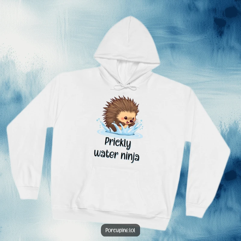 Funny dodging porcupine hoodie featuring a porcupine playfully dodging a water splash, offering warmth and a humorous, agile design.
