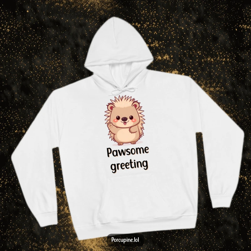 Funny hoodie depicting a cheerful kawaii porcupine waving its paw, offering cozy warmth and humorous greetings.