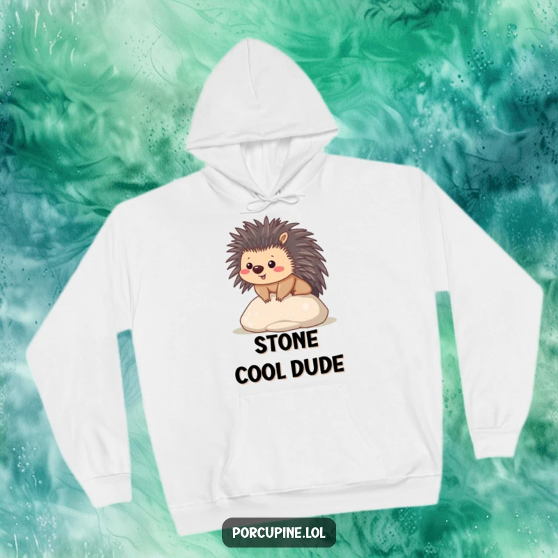 Funny hoodie depicting a content kawaii porcupine sitting on a smooth stone, offering cozy and peaceful enjoyment.