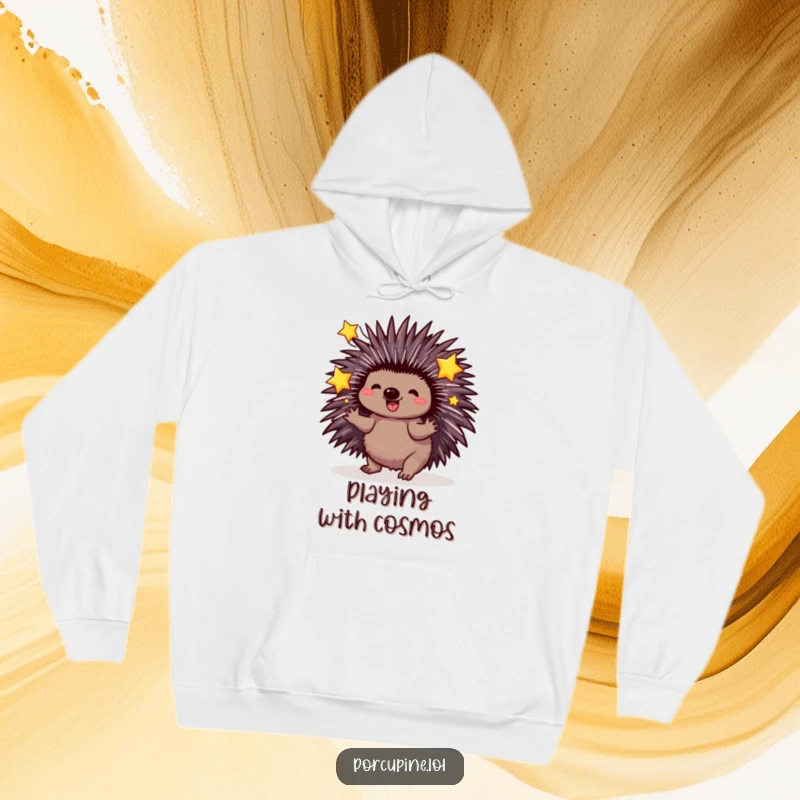 Funny Porcupine Hoodie: A playful porcupine juggling sparkling stars with extended quills, designed for cozy, magical moments.