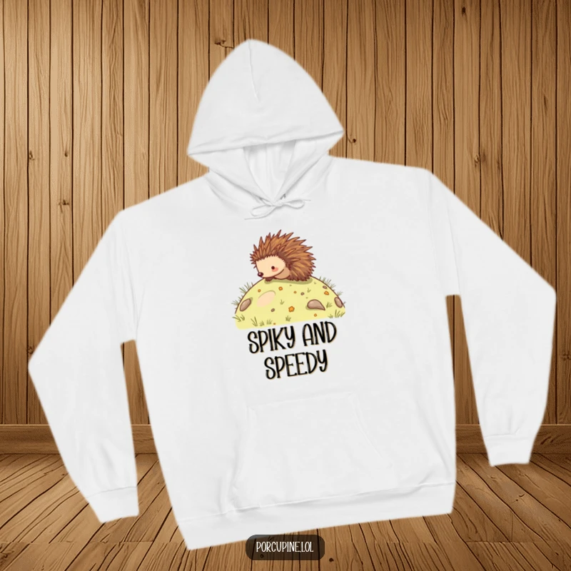Funny hoodie showcasing a porcupine in mid-roll down a hill, capturing a moment of pure, uninhibited fun and joy.