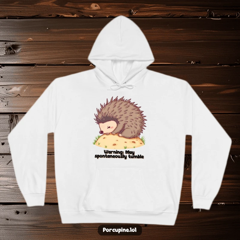 Funny hoodie featuring a porcupine gleefully rolling down a hill, quills extended, bringing a smile with its playful, adventurous spirit.