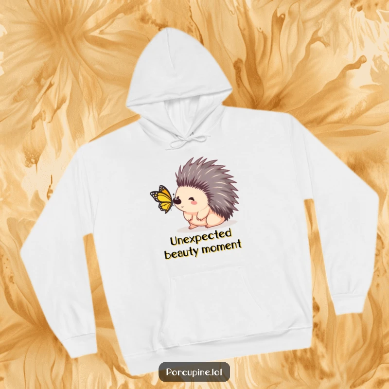 Funny porcupine hoodie featuring a porcupine looking startled by a butterfly landing, offering cozy and humorous surprise.