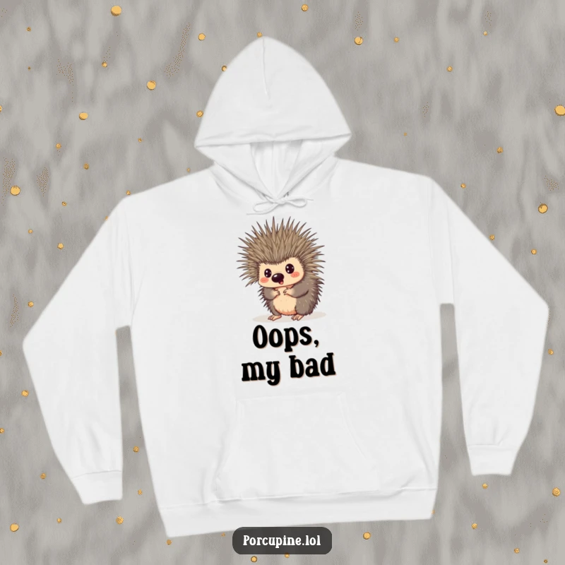Funny hoodie featuring a porcupine comically entangled in its own quills, with a wonderfully surprised and bewildered expression.