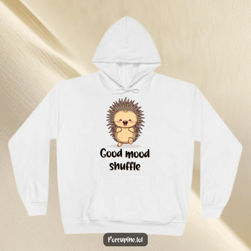 Funny porcupine hoodie showcasing a porcupine joyfully shuffling its feet, perfect for cozying up with a dance.