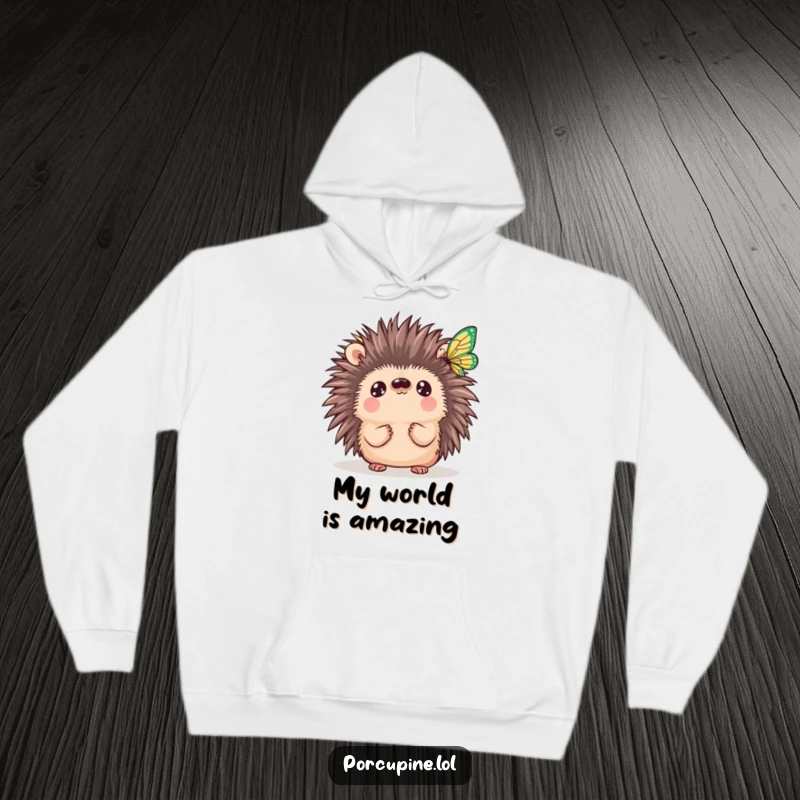 Funny Kawaii Porcupine Hoodie: A charming porcupine with big curious eyes watches a butterfly, dressed in soft warmth and prickly cuteness.