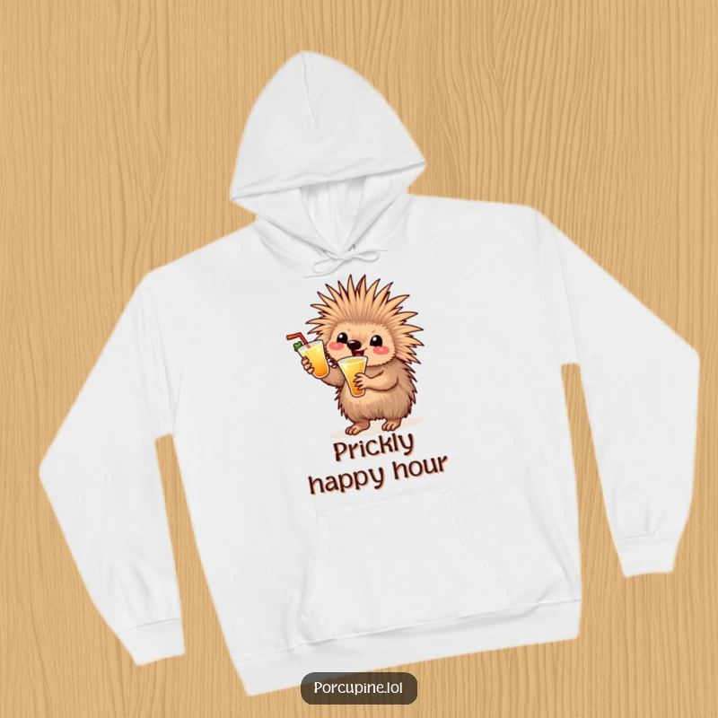 Funny cocktail porcupine hoodie showing a joyful porcupine holding a tropical drink and waving happily, perfect for cozying up.