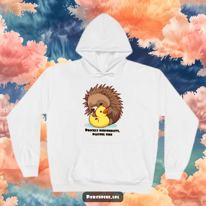 Funny hoodie with a porcupine playfully poking a rubber ducky, combining warmth with a dose of humor and playfulness.