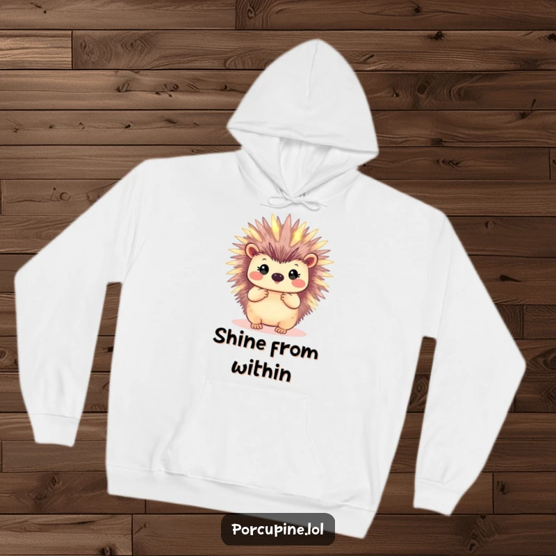 Funny hoodie illustration of a porcupine with softly glowing quills, providing warmth and a touch of mystical charm.