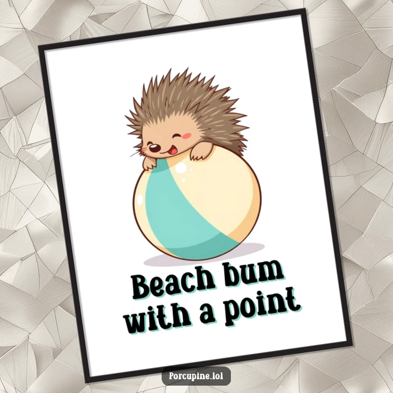 Free Printable Wall Art: A joyful porcupine happily bounces on a giant beach ball, radiating pure, carefree fun.