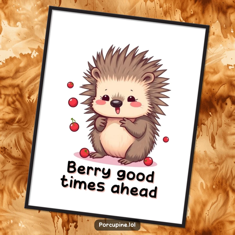 Funny Free Printable Wall Art: A delightful kawaii porcupine is captured mid-juggle with tiny berries, bringing whimsical energy and a splash of color.