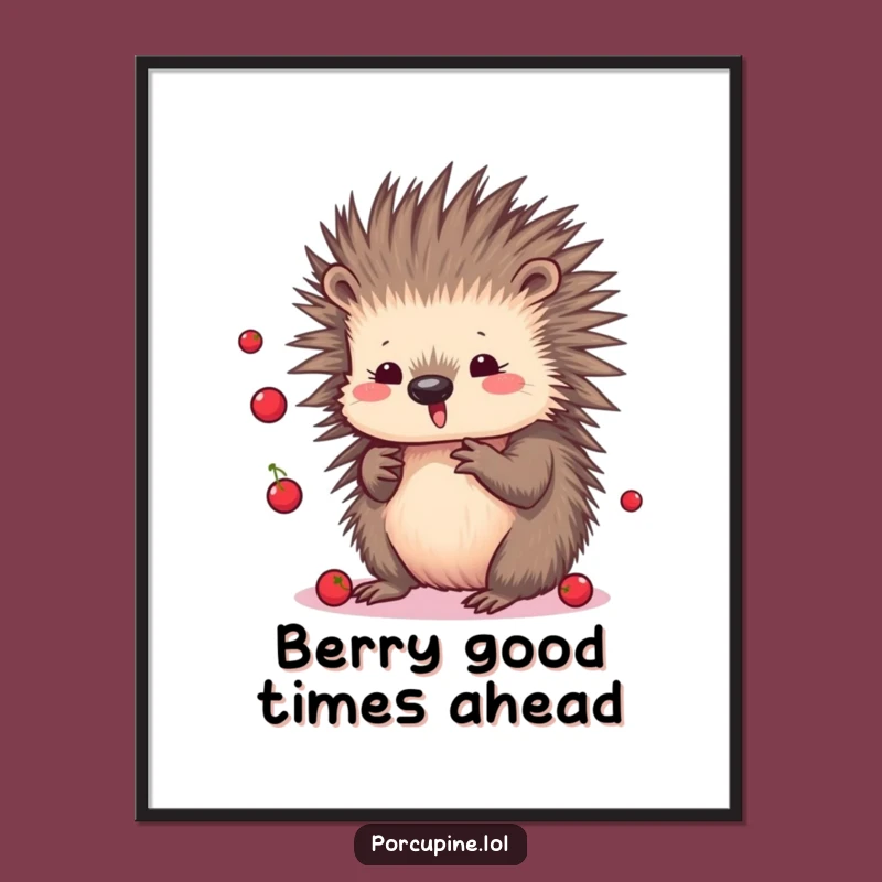 Free Printable Wall Art: Kawaii Porcupine Juggling Berries, Whimsical Downloadable Art