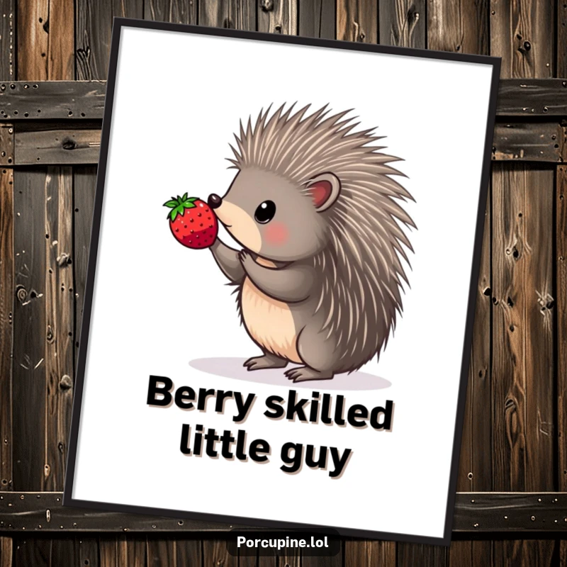 Funny free printable wall art of a precise porcupine balancing a single berry on the very tip of a quill.