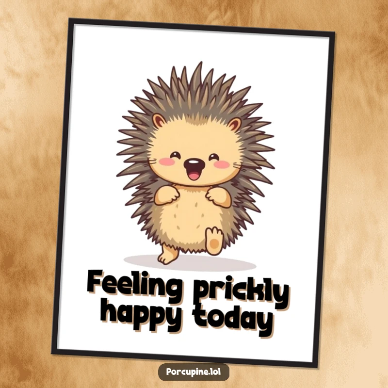 Funny free printable wall art of a porcupine enthusiastically shuffling its feet, radiating pure joy and playful energy.
