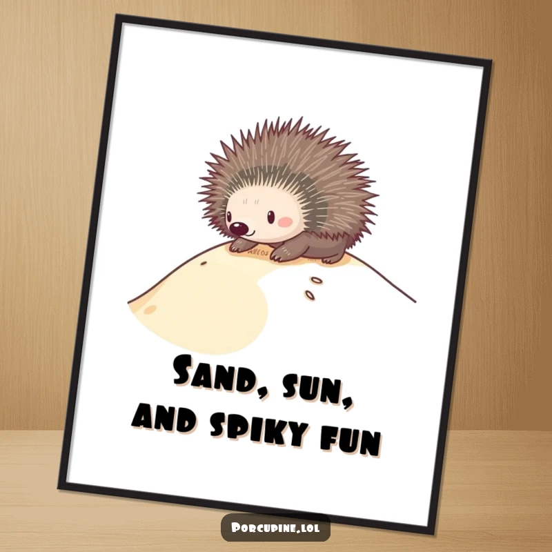 Funny Free Printable Wall Art: A porcupine comically slides down a sandy dune, capturing a moment of pure, spiky joy.