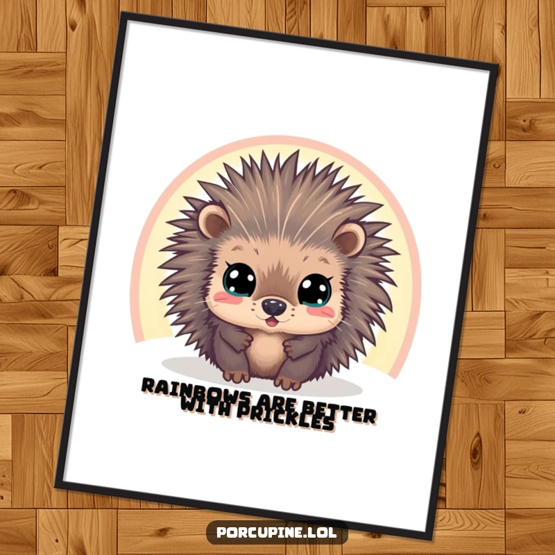 Funny Free Printable Wall Art: A curious porcupine with big eyes peeking through a bright rainbow, adding quirky charm.